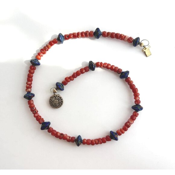 Coral & Blue Cloisonne Floral Beaded Vintage Sterling Silver 925 Necklace 15.5" - Picture 1 of 10